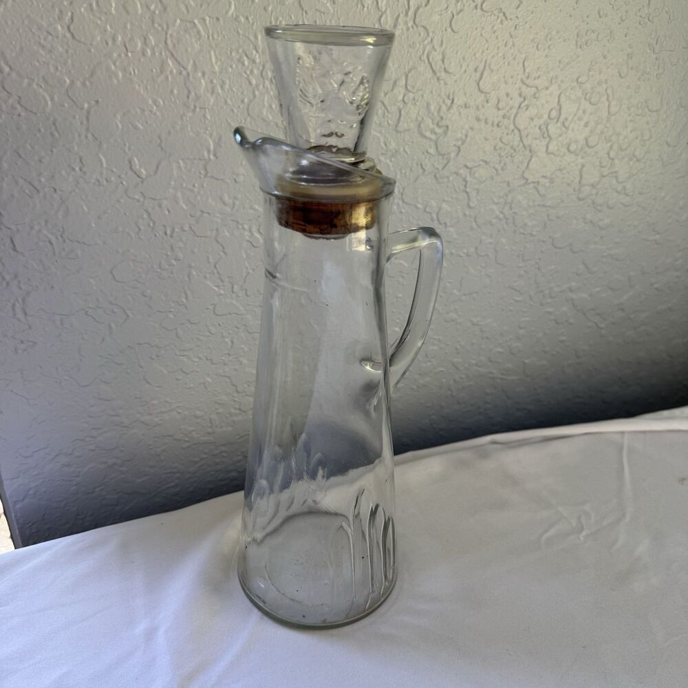 Vintage Glass Decanter With Cork Encased Glass Stopper Decorative Pitcher Etched